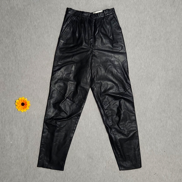 Vintage Cedars Petites High Rise Black Leather Pleated Trousers Tapered Pants - Picture 4 of 15
